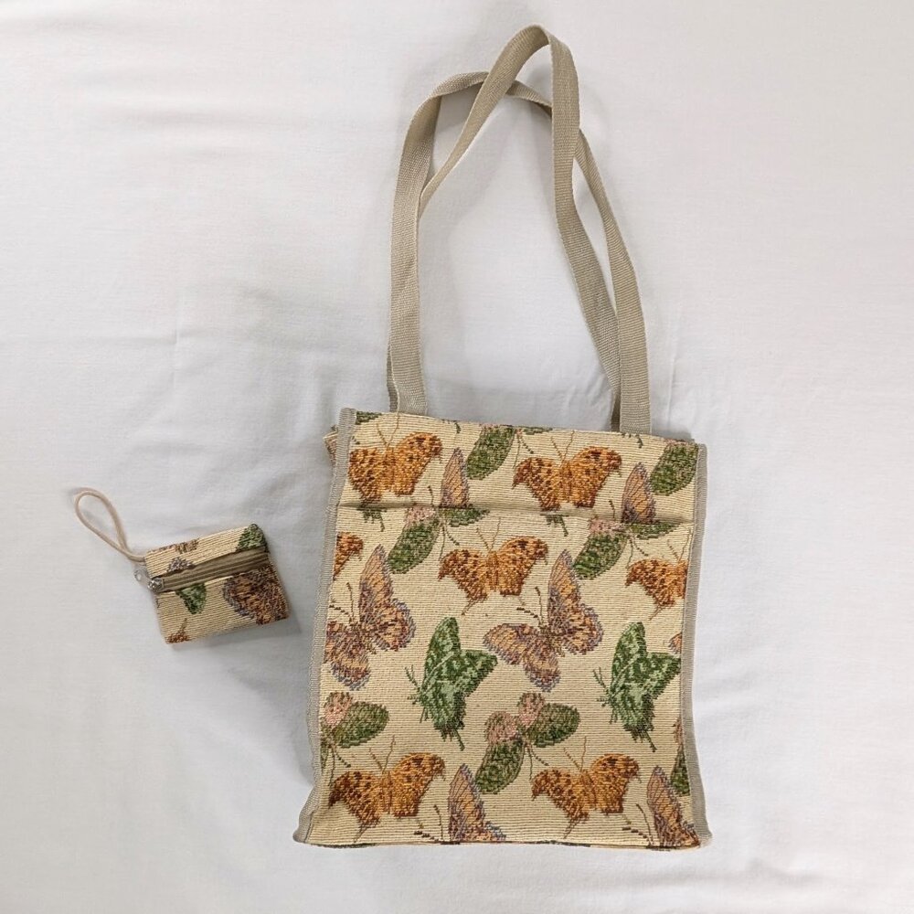 VTG Butterflies Tapestry Top Zipper Shoulder Tote Back With Coin Purse Wallet